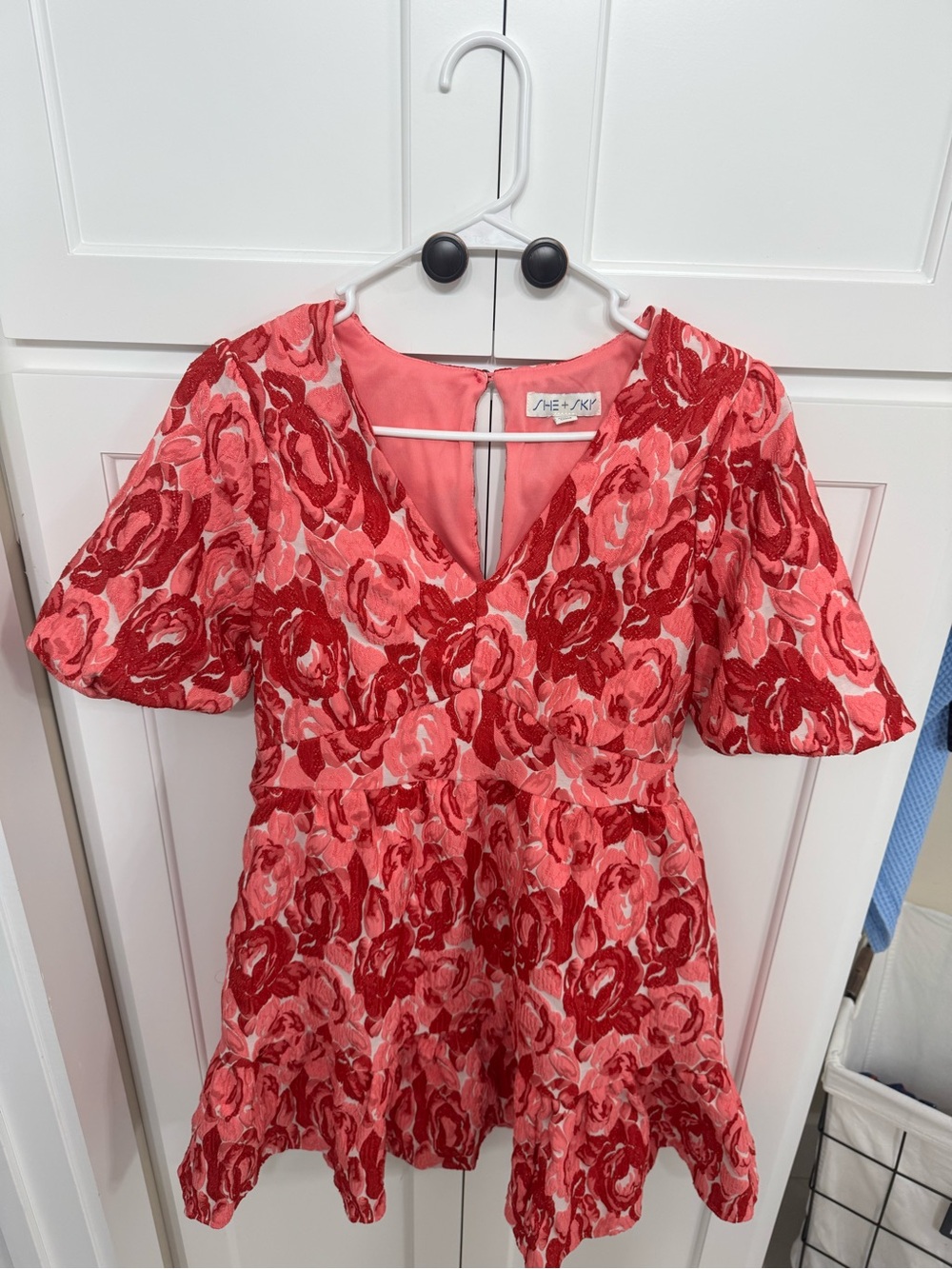 She + Sky Coral & Red Floral V-Neck Fit-and-Flare Mini Dress